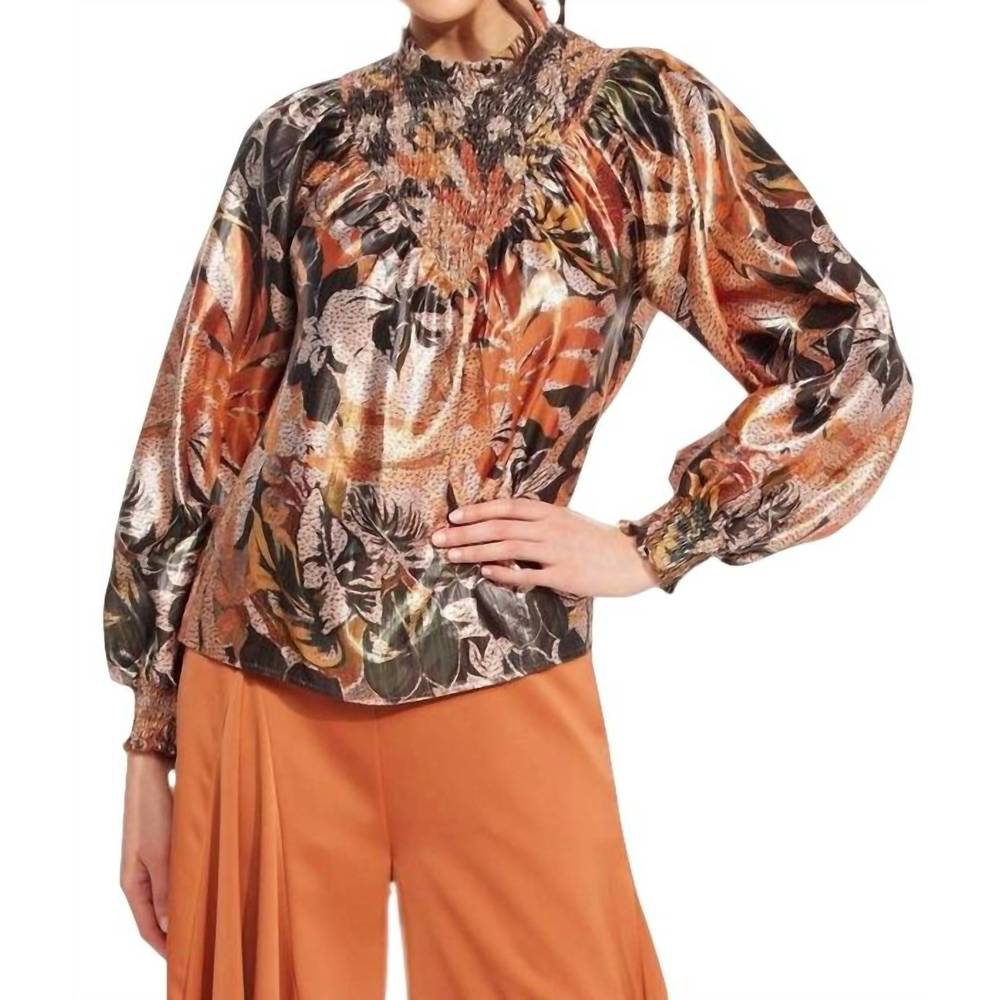 Metallic Floral Smocked High-Neck Blouse - Orange